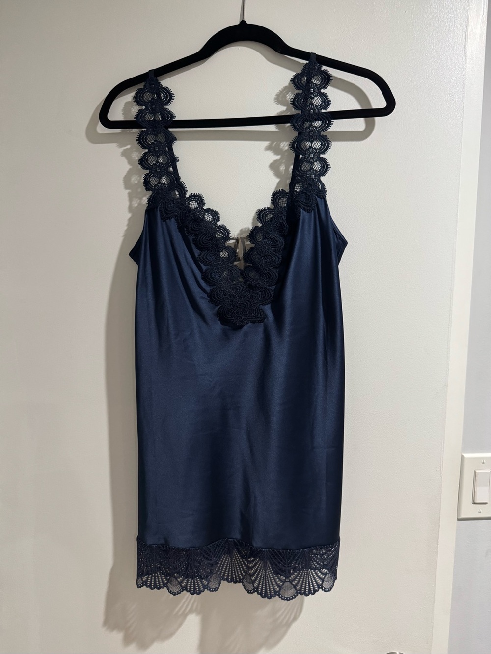 Navy Lace-Trim Satin Chemise